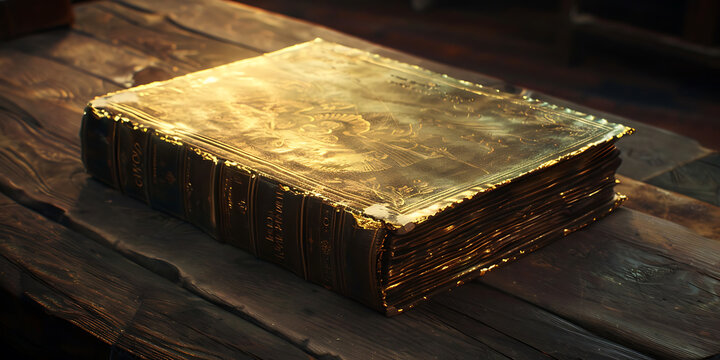 "Antique Book with Golden Cover Resting on Wooden Surface"