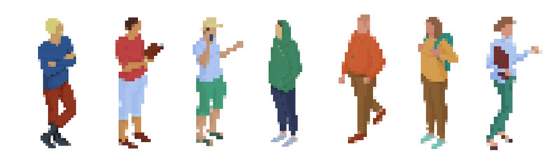 Obraz premium Stylized pixel art mosaic featuring six diverse fashion figures, capturing modern style in a retro 8-bit design.