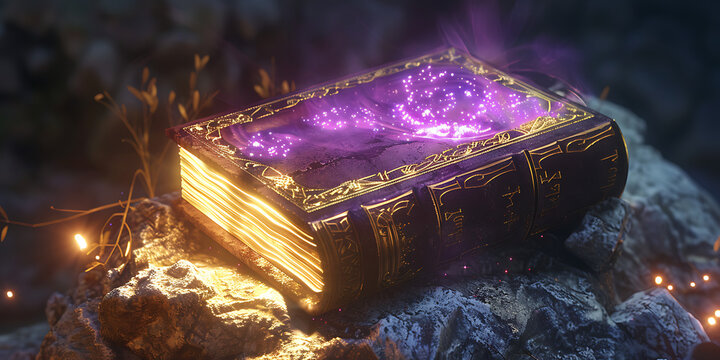 "Ancient Tome with Glowing Purple Pages Resting on Stone"