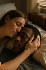 Caucasian female and african male couple resting peacefully in warm bedroom light