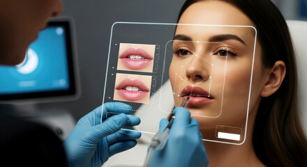 Young woman receiving lip augmentation in clinic. Close-up shot conveying care and precision. Beauty enhancement, cosmetic procedure, professional treatment.