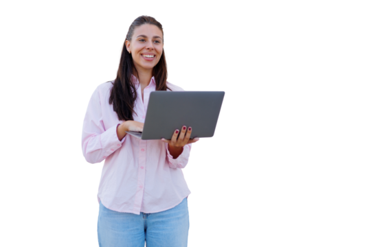 Professional woman working remotely on laptop, displaying confidence while embodying digital nomad lifestyle against transparent background