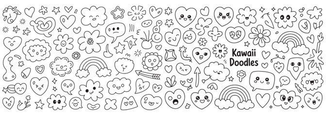 Charming Kawaii Doodle Collection a Whimsical Assortment of Cute Hearts, Clouds, Flowers, and Stars with Expressive Faces for Decorative Fun