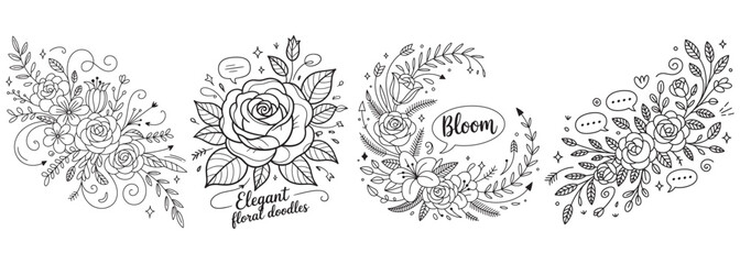 Elegant Floral Doodles Collection of Whimsical Hand Drawn Flower Designs for Creative Projects and Artistic Illustrations