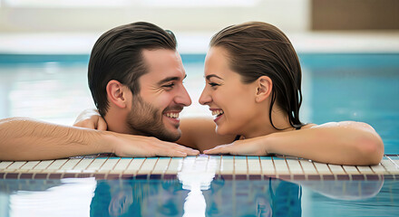 Couple leaning on the edge of a pool, looking at each other and smiling. An intimate moment of connection and happiness.  Water relaxation, happy relationship, wellness escape.