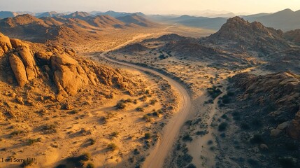 Aerial View of Winding Sand Dunes with Rugged Rocks and Sparse Vegetation