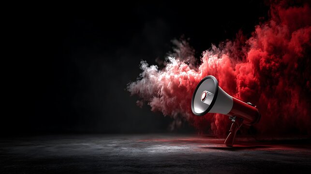 Megaphone announcement marketing communication concept with red smoke on dark background design template