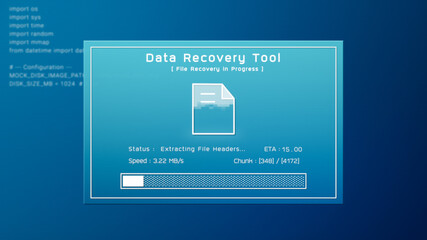 Data recovery process screen on blue background, programming protection code restore database network backup, cyber security software technology illustration, retro computer monitor UI cloud server