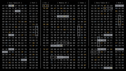 Computer binary matrix memory code encryption process in high security cloud server, cybersecurity data information programming technology software, digital hex number UI display interface monitor