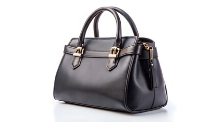 A stylish black leather handbag with gold hardware, isolated on white background