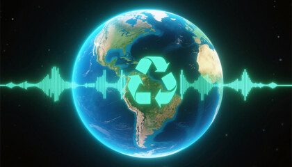Fototapeta premium Voice of the planet, glowing Earth radiating surreal sound waves