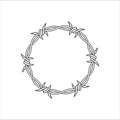 Black and white barbed wire design forming a circle with sharp edges, symbolizing security concepts.