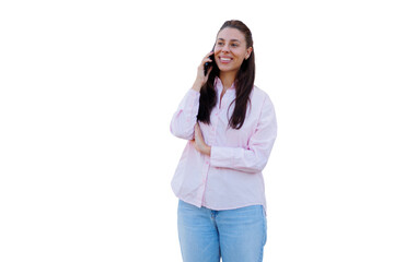 Cheerful businesswoman is making a phone call and smiling with transparent background, perfect for easy integration into any design project