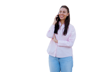 Cheerful businesswoman is making a phone call and smiling with transparent background, perfect for easy integration into any design project
