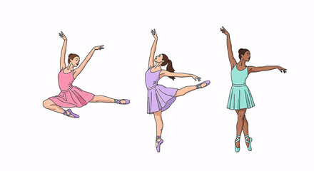 Fototapeta premium Collection of three graceful ballerinas in colorful dresses, performing elegant classical dance poses against a white background.