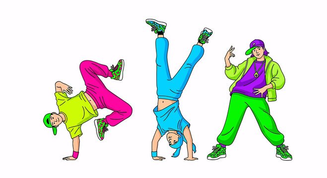 Three energetic hip-hop dancers in colorful neon outfits performing breakdance moves against a white background.