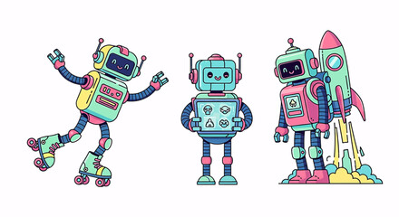 Three colorful, retro-style cartoon robots in various poses, including one on roller skates and another with a rocket pack.