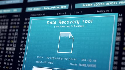 Data recovery process screen on cloud storage server, database protection backup for restore secure file sharing network, cyber security software technology, retro binary computer repair monitor UI - Powered by Adobe