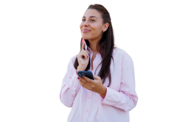Smiling businesswoman holding credit card and using smartphone, planning online shopping on transparent background