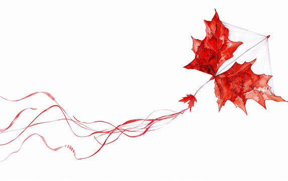 Red and White Kite Flying High in the Sky with a Bold Maple Leaf Design