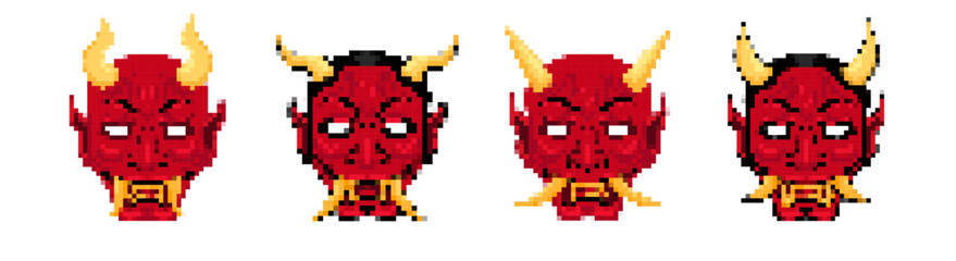 Fototapeta premium Pixel art red demon masks with horns, inspired by retro gaming aesthetics, perfect for design projects.