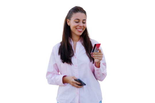Happy customer is holding credit card and using smartphone for online shopping on transparent background