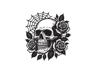 Skull with Roses and Spider Web Vector Illustration