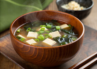 A bowl of miso soup with tofu, seaweed, and green onions on a wooden tray