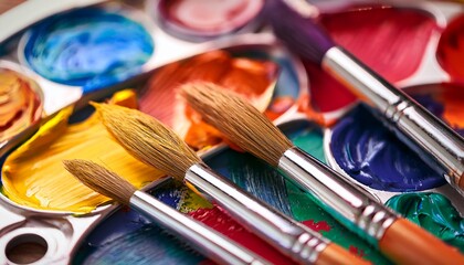 Obraz premium vibrant acrylic paints and paintbrushes ready for artistic creation close up of colorful palette and brushes ideal for hobbyists and creative projects