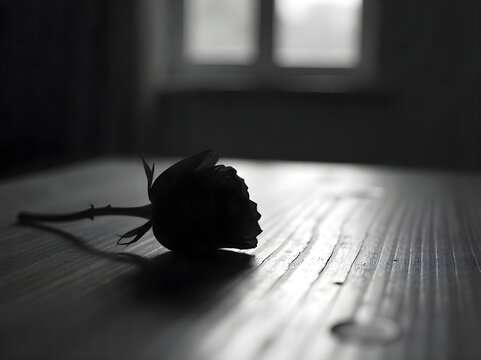 Rose of Grief with Reflection on Marble Surface