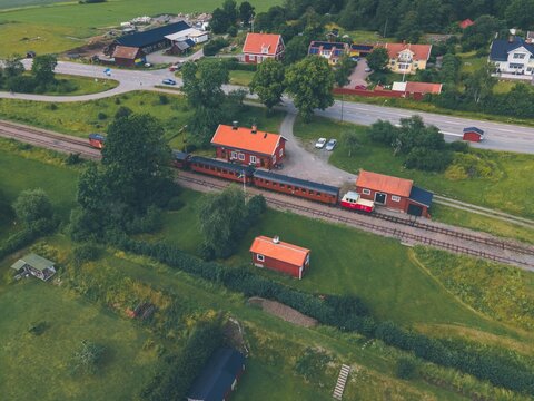 Aerial view of Train station in Faringe, Sweden