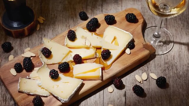 Elegant cheese platter with blackberries and almonds on a wooden board, accompanied by white wine