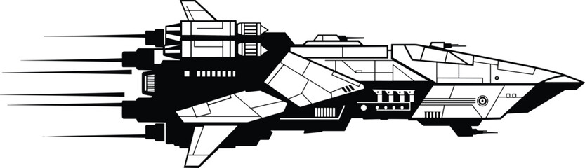 Futuristic spaceship silhouette, sci fi starship vector, space fighter aircraft design, alien warship illustration, cosmic spacecraft concept art graphic