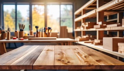 closeup of an empty wooden table in a carpentry workshop with a blurred background of shelves tools and a large window