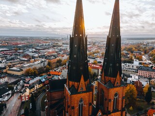 Aerial views of Uppsala Cathedral in Uppsala, Sweden