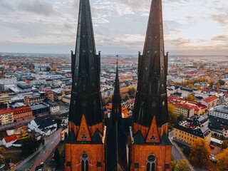Aerial views of Uppsala Cathedral in Uppsala, Sweden