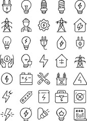Electricity energy icons set, power supply, electric plug, light bulb, battery, high voltage, solar, tools, generator, electricity safety