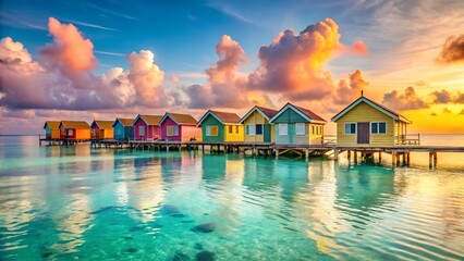 Tropical paradise with colorful overwater bungalows at sunset on a calm turquoise sea