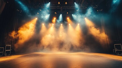 An empty stage before a concert with spotlights shining and smoke effects in the background. A music venue ready for a live performance or event.