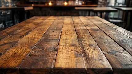 An empty wooden table in a restaurant interior, ideal for product placement and branding.