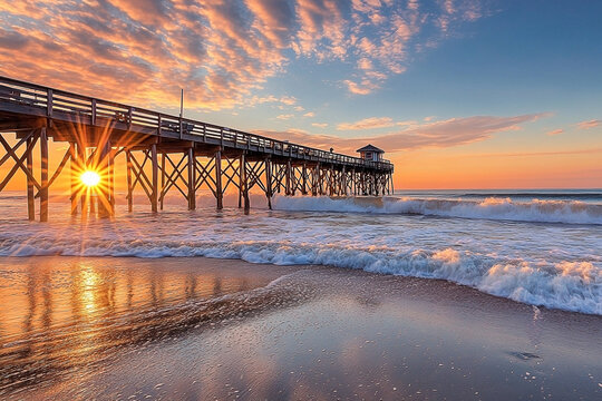 Fototapeta Stunning coastal scenery with pier silhouette and radiant sunrise reflections