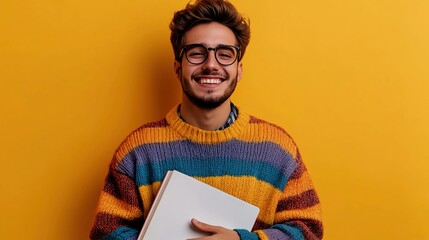 An enthusiastic young Caucasian male educator in a colorful sweater, holding a textbook and smiling against a bright yellow background.