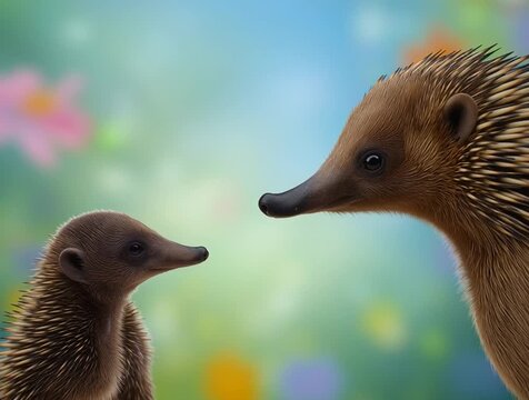Adorable echidnas engage in a tender moment, gently touching noses in a vibrant, colorful setting filled with soft flowers and a dreamy background, showcasing their affectionate bond