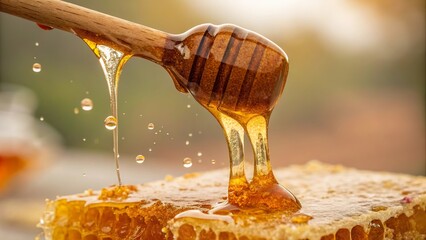 Macro shot of honey dripping from a wooden dipper highlighting the warm tones and textures of golden sweetness