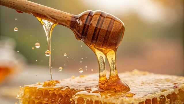 Macro shot of honey dripping from a wooden dipper highlighting the warm tones and textures of golden sweetness - Powered by Adobe