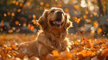 A golden retriever dog rests happily amidst autumn leaves, with butterflies dancing playfully in the vibrant fall scenery.
