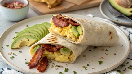 Delicious breakfast burrito with eggs, bacon, and avocado served on a plate