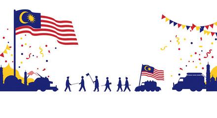 Obraz premium Vibrant Malaysian National Celebration Parade with Waving Flags, Festive Confetti, and Silhouetted Cityscape, Symbolizing Unity and Patriotism