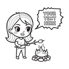 Cute Cartoon Girl Roasting a Marshmallow on a Campfire with Speech Bubble