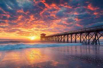 Majestic coastal pier under fiery sunrise, creating a serene beach vista